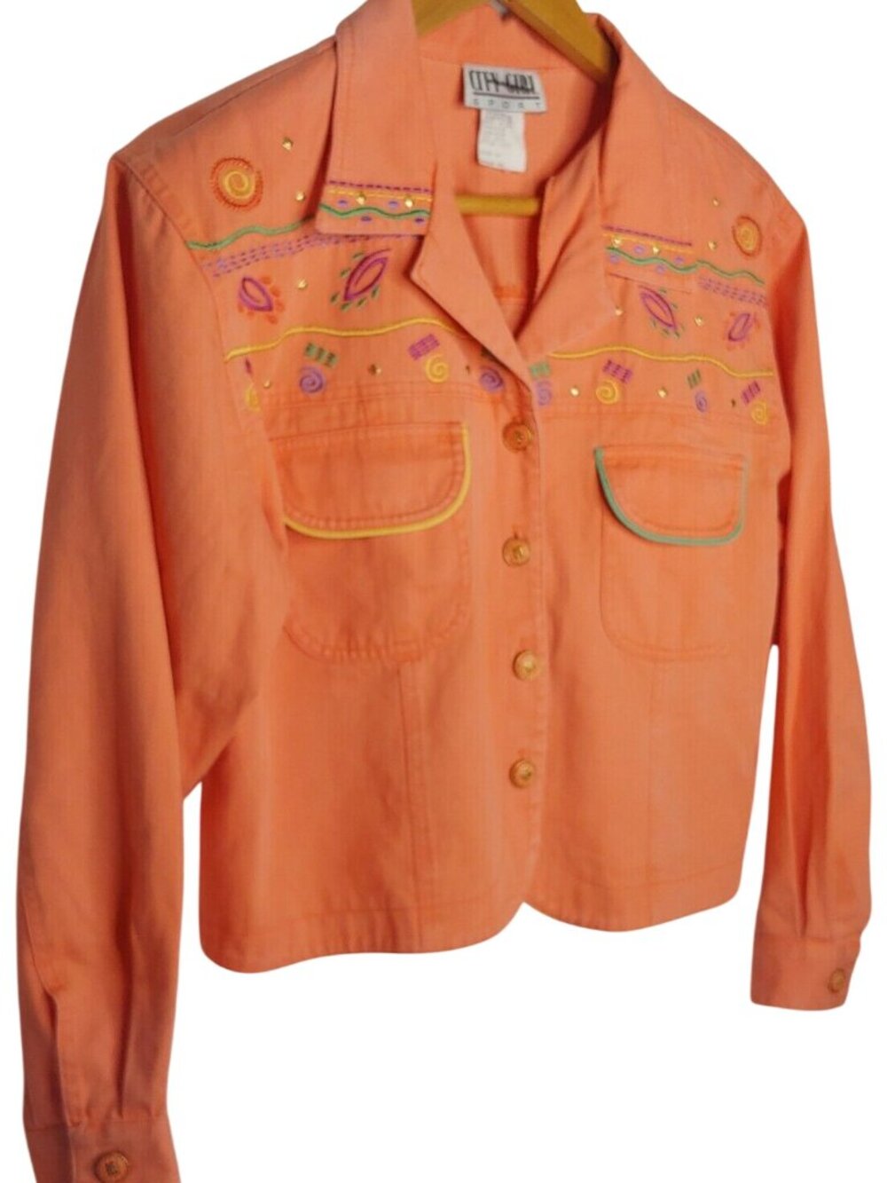 Vintage 80s City Girl Sport Jacket Women 16  Cropped Canvas Embroidered Peach